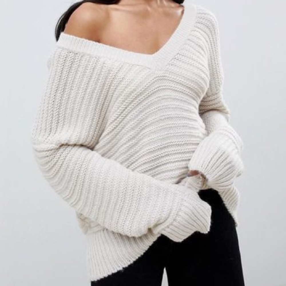 ASOS Gray Sweater In Off Shoulder V-neck